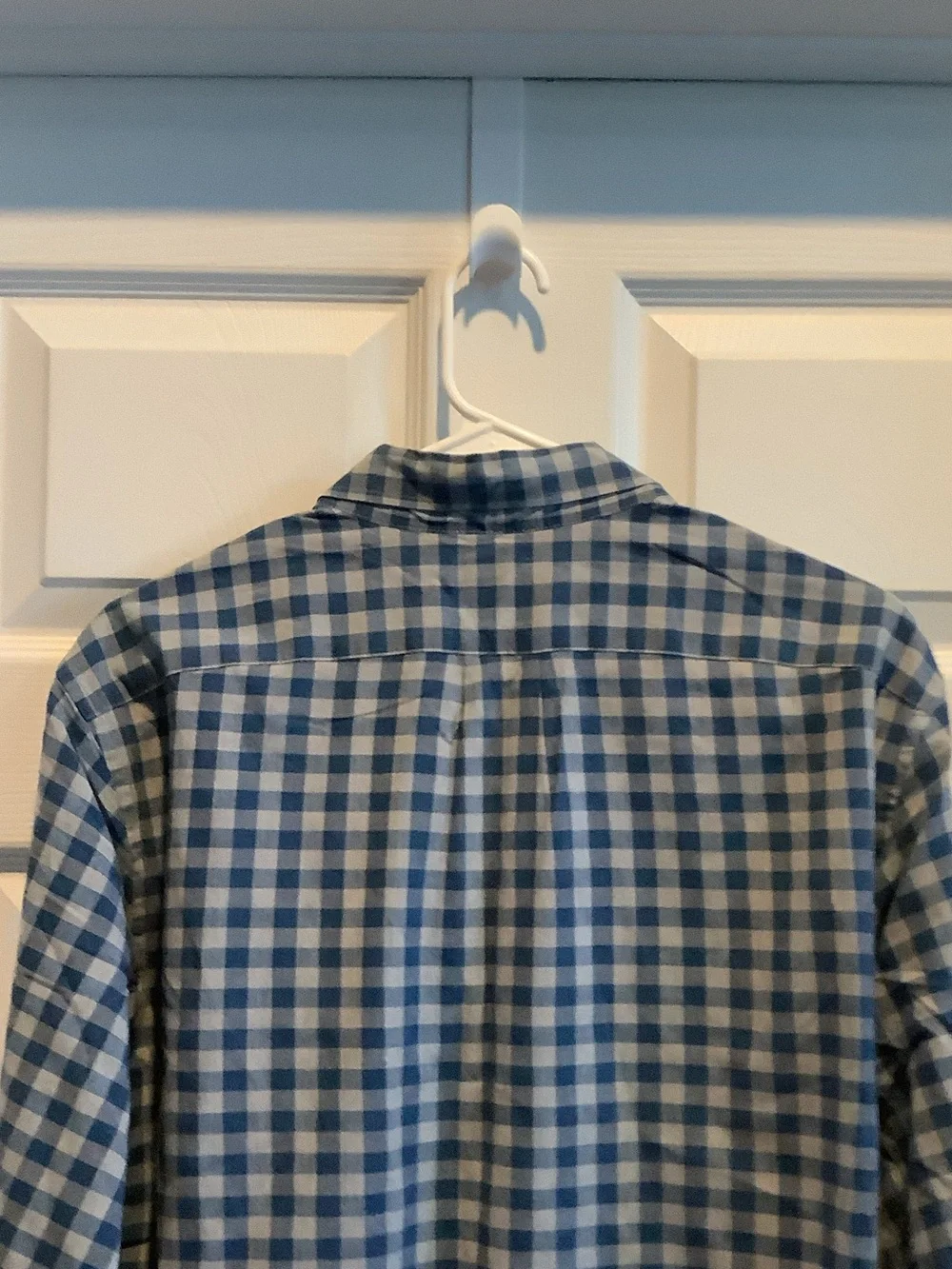 J. Crew Blue and White Gingham Button-Down Shirt, slim, untucked